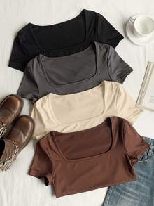 Comfortcana 4件套加大码夏季方领修身T恤 - 彩色 - 查看 3
