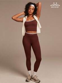 Athîral Women's Brown Houndstooth Patchwork Camisole And Leggings 2-Piece Casual Sportswear Set, Brown Tank Top And Pants Set,Suitable For Loungewear, Sports And Outdoor Wear, Yoga Top,Women's Gym Clothes,Female Gym Wear,Gym Clothes,Women's Gym Set,Women's Gym Clothing,Casual Brown Set - Multicolor - View 4