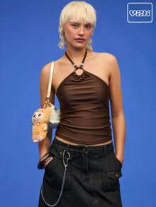 COUREZ Swim Halter Neck Top With Trim Details /Summer Outfits For Women Y2K Summer Tops Summer Clothes Casual Vintage - Brown - View 1