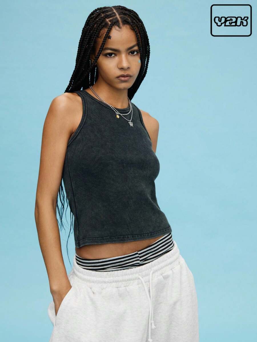 COUREZ Fitted Scoop Neck Washed Vest Top Y2K Vintage - Black - View 1