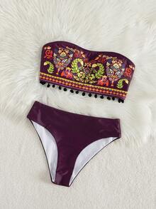 Swim Vcay Bộ đồ bơi mùa hè dành cho nữ gồm 2 món, áo quây có đệm và quần bikini kiểu Bohemian, thích hợp cho các lễ hội hoặc phong cách Boho. - Màu Đỏ Sâu - Xem 6