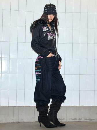 Grunge Punk Y2K Retro Sexy Colorful Slogan Print Relaxed Fit Wide Leg Jeans