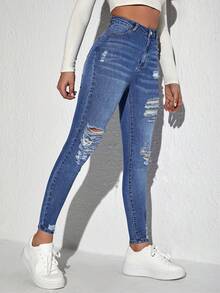 Rivivi 大码女式牛仔风蓝色弹力性感破洞修身牛仔裤，冬季穿搭 - 中等水洗藍 - 查看 5