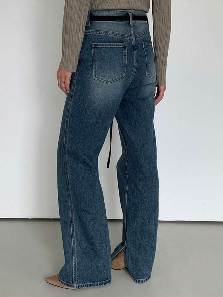 Classic Retro Washed Side Slit Women's Blue Denim Jeans