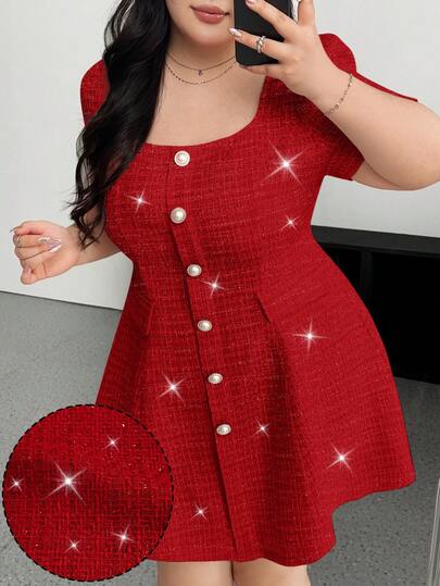 Vibekara Plus Size Square Neck Short Sleeve Button Elegant Vacation/Party Dress For Women