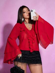 Viva Relle 大码优雅通勤纯色喇叭袖荷叶边下摆衬衫 - 紅色 - 查看 1