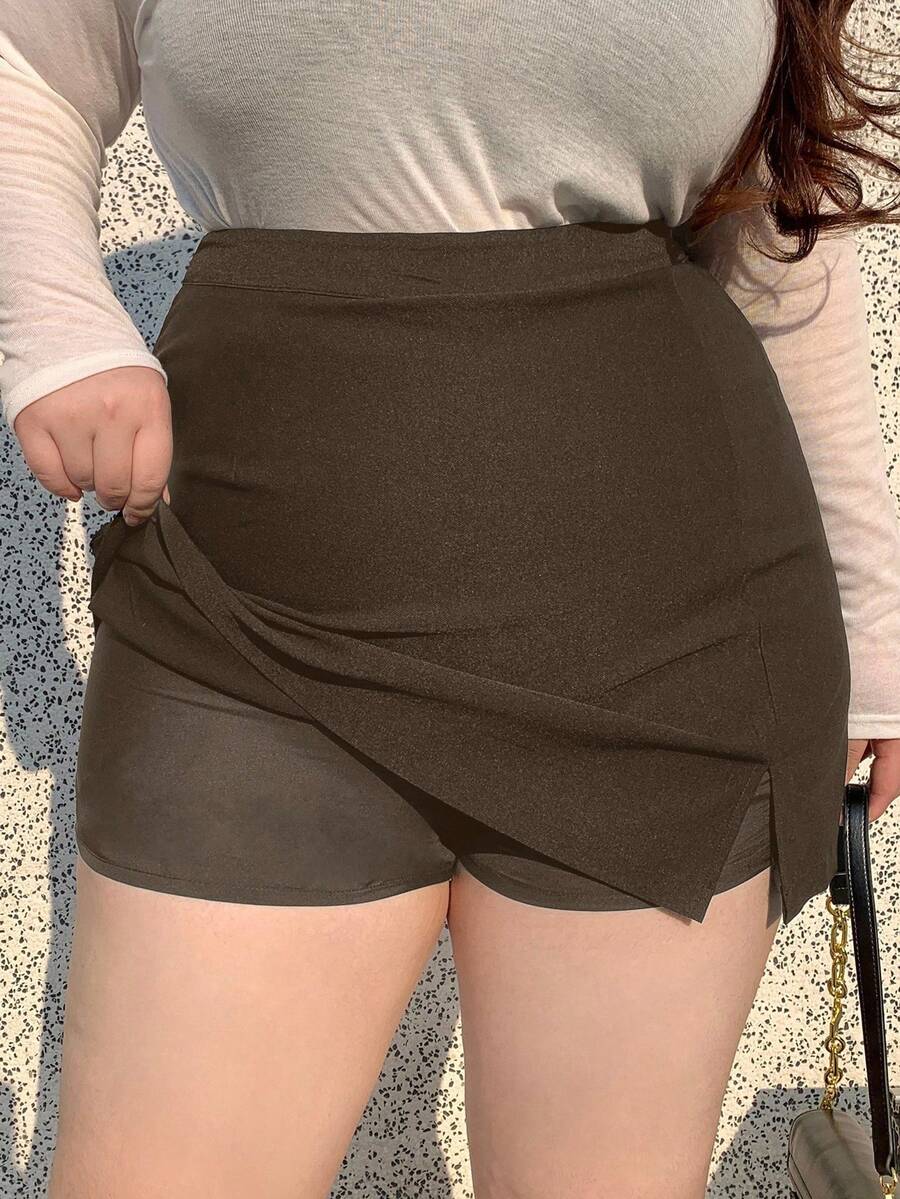 Dazy Plus Plus Size Women Solid Color A-Line Short Skort - Brown - View 1