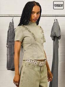 COUREZ Short Sleeve High Neck Denim Top With Frills Detail /Y2K  Women Clothes  Clothes Cute Tops Going Out Outfits - Green - View 1