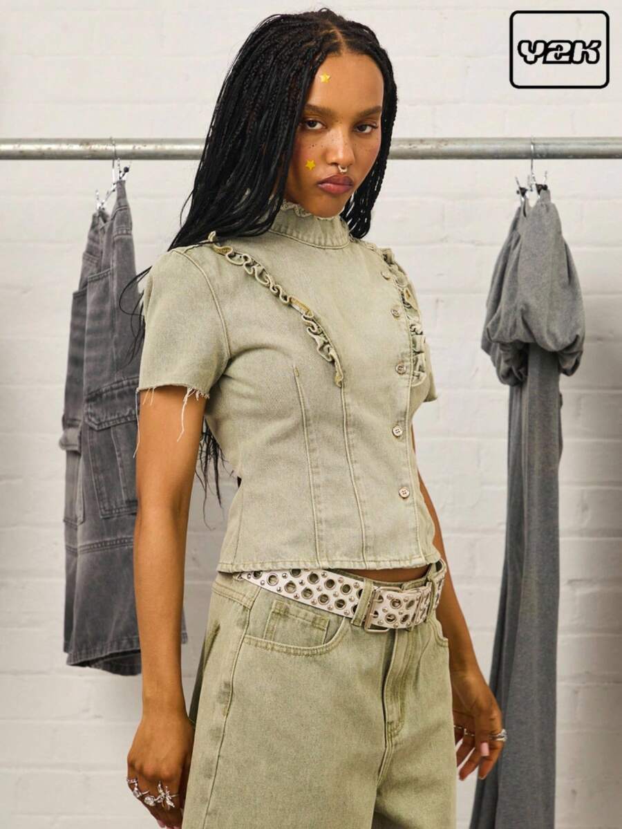 COUREZ Short Sleeve High Neck Denim Top With Frills Detail /Y2K  Women Clothes  Clothes Cute Tops Going Out Outfits - Green - View 1