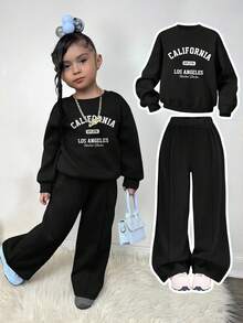 SHEIN 女童休闲爱心印花针织纯色宽松落肩长袖卫衣和阔腿运动裤套装 - 黑色 - 查看 7