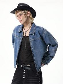 ROMWE MEN Street Life Men's Casual Rivet Zipper Front Drop Shoulder Denim Jacket - Blue - View 7