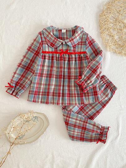 两件套女童优雅格子套装，包括带蝴蝶结装饰的彼得潘领衬衫和长裤，英伦风