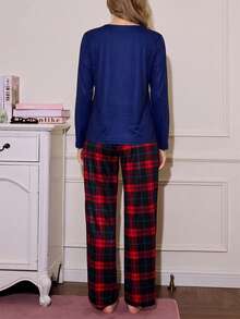 可爱卡通熊格子图案女士睡衣套装 - 彩色 - 查看 2