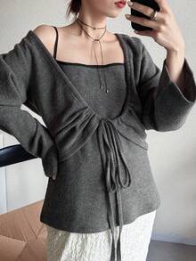 FRIFUL 女士纯色长袖系带开衫和吊带背心休闲两件套家居服套装 - 灰色 - 查看 5