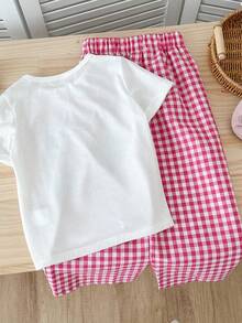 Genkimix Kids 2 peças/Conjunto Camiseta de Manga Curta com Estampa de Coelho para Meninas Jovens & Calça Xadrez Vermelha Solta de Perna Reta, Roupas de Algodão para Meninas - Branco - Visão 2