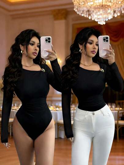 Elenzga Women's Fashionable Commuter Solid Color Asymmetric Collar Metal Decor Bodysuit Fall Cloth For Women