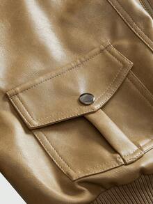 ROMWE Grunge Punk 复古街头风做旧PU皮机车夹克（女款） - 卡其色 - 查看 5