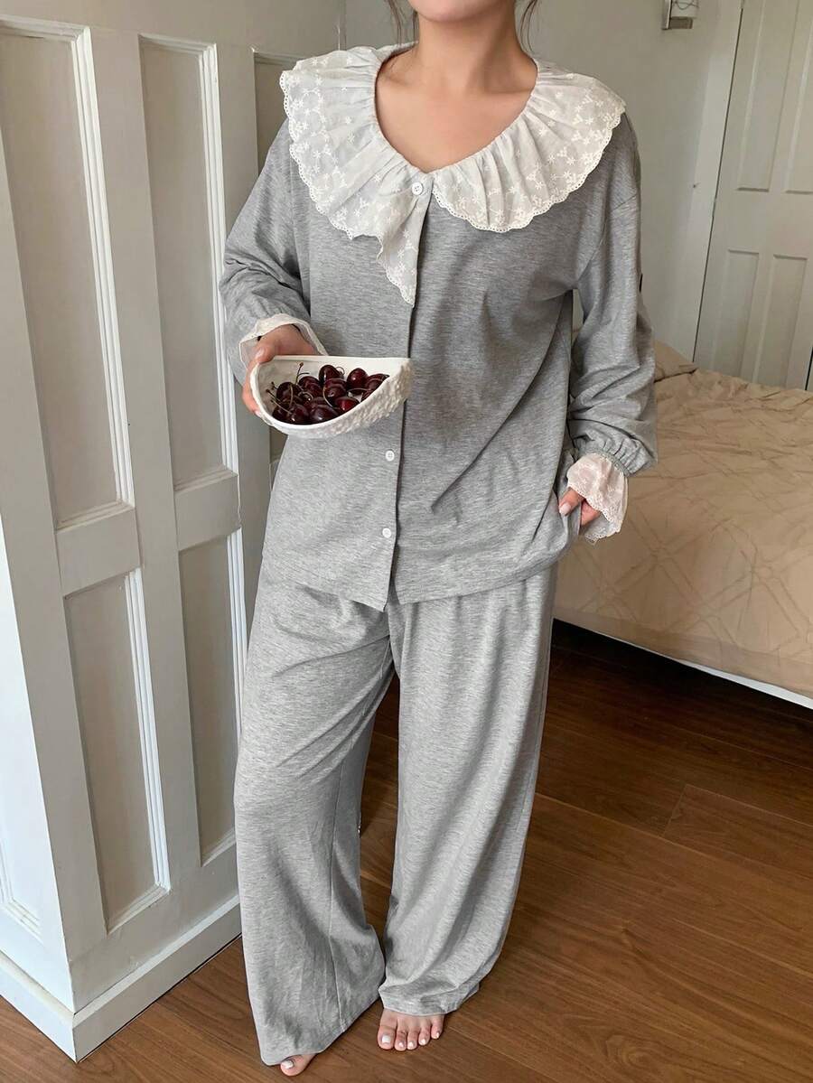 Dazy Plus Conjunto de pijama de talla grande para mujer con top de manga larga holgado con cuello de volantes asimétrico y pantalón recto, para primavera/verano/otoño - Gris - Ver 1