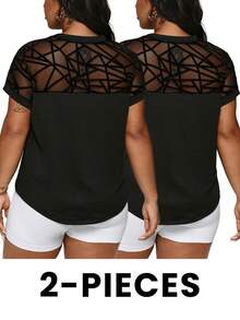 Easithlete 2件/套 大码女式几何网眼拼接短袖运动T恤 - 黑色 - 查看 2