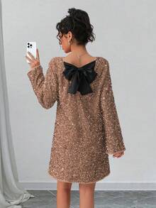 Rafferiza Đầm dự tiệc Giáng sinh thanh lịch đính sequin và nơ, đầm cocktail ngắn dáng rộng thoải mái dành cho nữ. - Màu Khaki - Xem 3