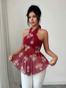 Elenzga Women's Multicolor Floral Print Halter Neck Ruffle Hem Regular Boho Tank Top - Multicolor - View 5