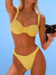 Swim Mod 2pcs Minimalist Ribbed Fabric Ruched Strap Underwire Flat Chest Swimsuit Top And Ruched Side Triangle Bottoms Set