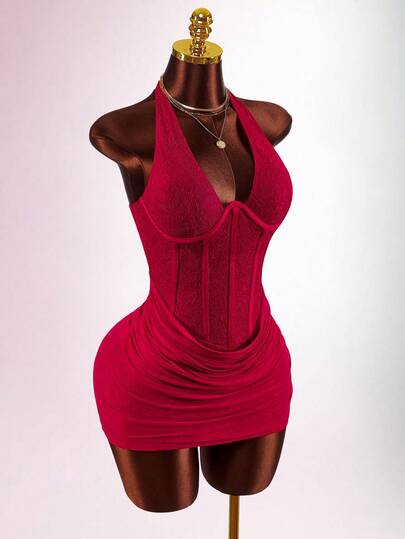 Amplova Elegant Sexy Solid Color Lace Patchwork Backless Halter Mini Dress Summer Dresses For Women Valentine Dress Elegant Dresses For Party Summer Holiday Outfits Casual Outfits For Women