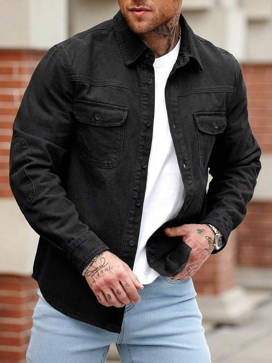 Manfinity Homme Men's Slim Fit Military Green Casual Denim Jacket - Black - View 1