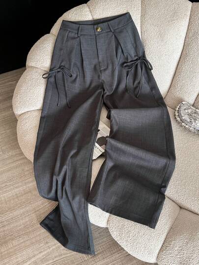 GlowEve Grey Side Ribbon Bow Tie Decor Wide Leg Dress Pants