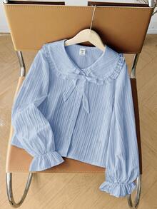 少女休闲校服翻领荷叶边纽扣前襟纹理编织长袖衬衫，返校季 - 淺藍色 - 查看 6