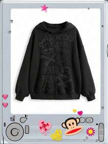 Paul Frank X ROMWE Y2K 超大蝴蝶结印花连帽卫衣（女款） - 黑色 - 查看 8