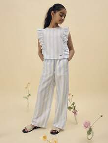 SUMWON Tween Striped Ruffle Sleeve Blouse And Wide Leg Pant Co-Ord Set Summer Casual Two Piece Outfit Festive Occasionwear - Baby Blue - View 6