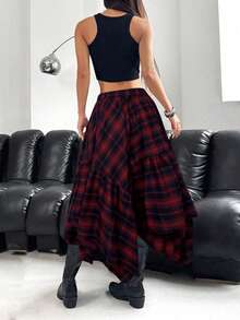 SHEIN EZwear Chân váy kẻ caro vạt lệch cho nữ cỡ lớn, thích hợp cho đầu thu. - Đỏ - Xem 2
