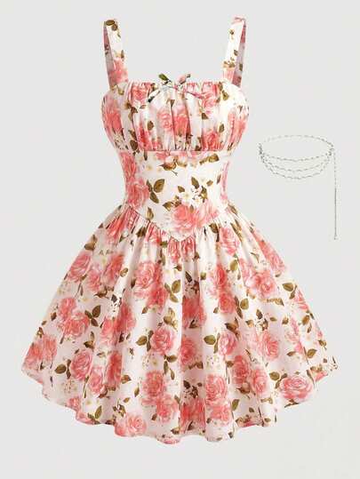 Girlism Tween Girls Pink Break Flower Dress Allover Floral Print Ruched Bust Cami Dress