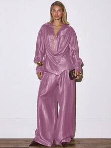 MUSERA Flowy Pleated Wide Leg Plisse Suit Trousers Bottoms Only Occasion Night Out Going Out Autumn  Fall Sexy Classy Cute  Party - Purple - View 2