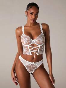 SHEIN BAE 2pcs Women Sexy Floral Embroidered Sheer Mesh Lingerie Set For Going Out - White - View 6