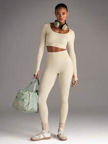 SHEIN BAE Women's Solid Color Minimalist Daily Long Sleeve Top And Pants Seamless High Stretch Sports Set - Beige - View 4