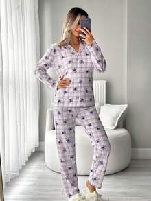 EURMUSE Women 2 Pcs Button Front With BEAR&PLAID Pattern Homewear Cute Pajama Set - Multicolor - View 6