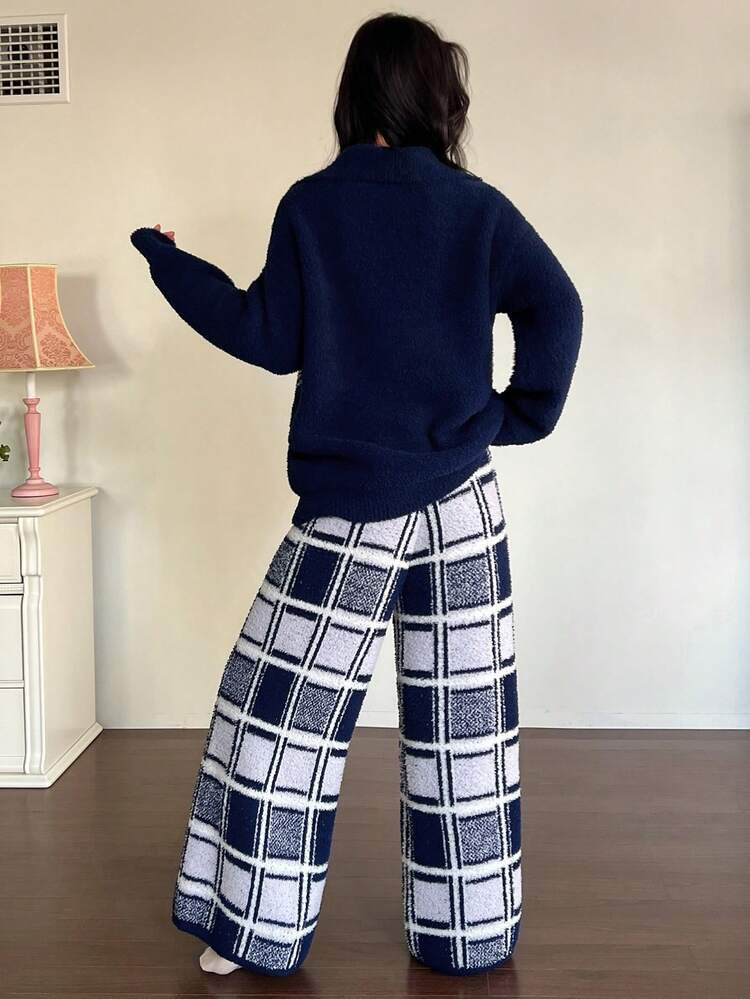 Women's Letter Graphic Top And Plaid Pants Pajama Set