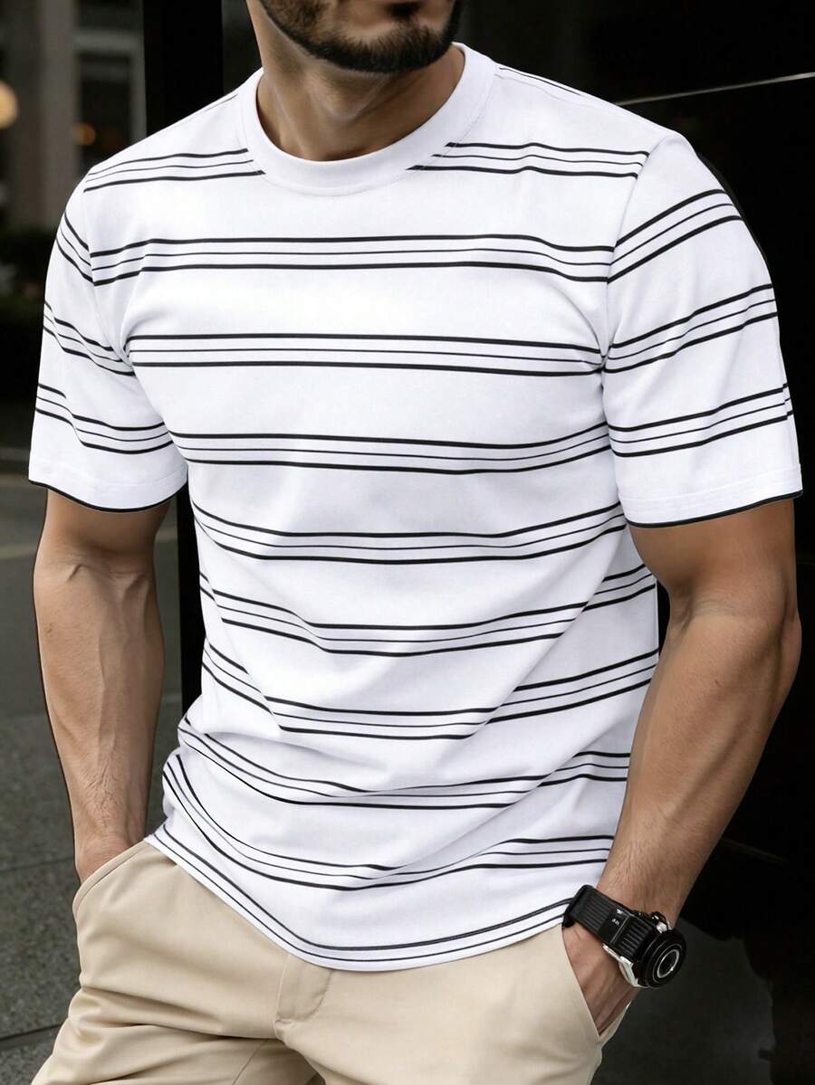 Manfinity Homme Men's Regular Fit Casual T-Shirt With Fashionable Striped Design Men's Casual T Shirt - White - View 1