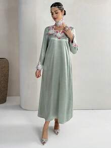 Yasmyna Women's Elegant Floral Embroidered Arabic Style Dress, Autumn - Green - View 6