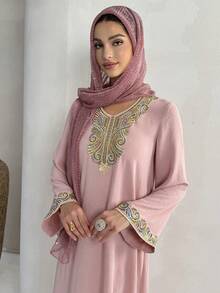 Yasmyna Women's Floral Embroidery Pattern Casual Loose Party & Travel Arabic Style Flare Sleeve Dress - Pink - View 7