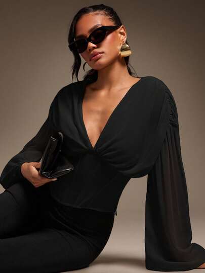 Hauture Sexig mjuk chiffongblus med ballongärmar och korsett för kvinnor, romantisk och elegant höststil