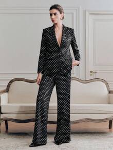 Anewsta Retro Polka Dot Long Sleeve Lapel Blazer + High Waist Drape Contrast Sash Women's Suit Pants, Women's Suit Set