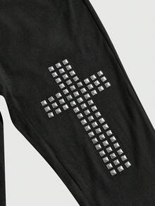 ROMWE Grunge Punk 朋克风十字金属贴花女士紧身裤 - 黑色 - 查看 3