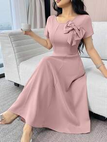 Modelyn 女士纯色圆领短袖蝴蝶结装饰优雅中长连衣裙 - 淺粉色 - 查看 3