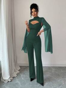SHEIN Elenzya 女士闪亮时尚蝙蝠袖连体裤 - 墨綠色 - 查看 5