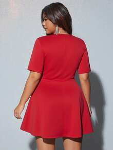 Viva Relle Plus Size Sexy Elegant Pearl Rhinestone Embellished Brick Red Dress - Red - View 3