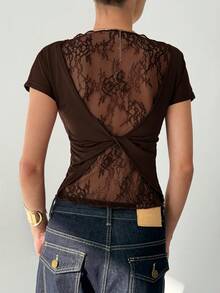 Aloruh Áo thun nữ cổ chữ V tay ngắn phối ren xuyên thấu gợi cảm. - Cà phê nâu - Xem 2