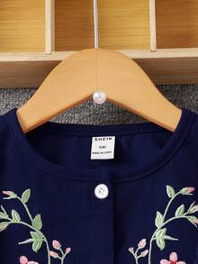 SHEIN Young Girl Floral Embroidery Ruffle Trim Flounce Sleeve Button Front Cord Dress Dark Green Dress For Young Girl